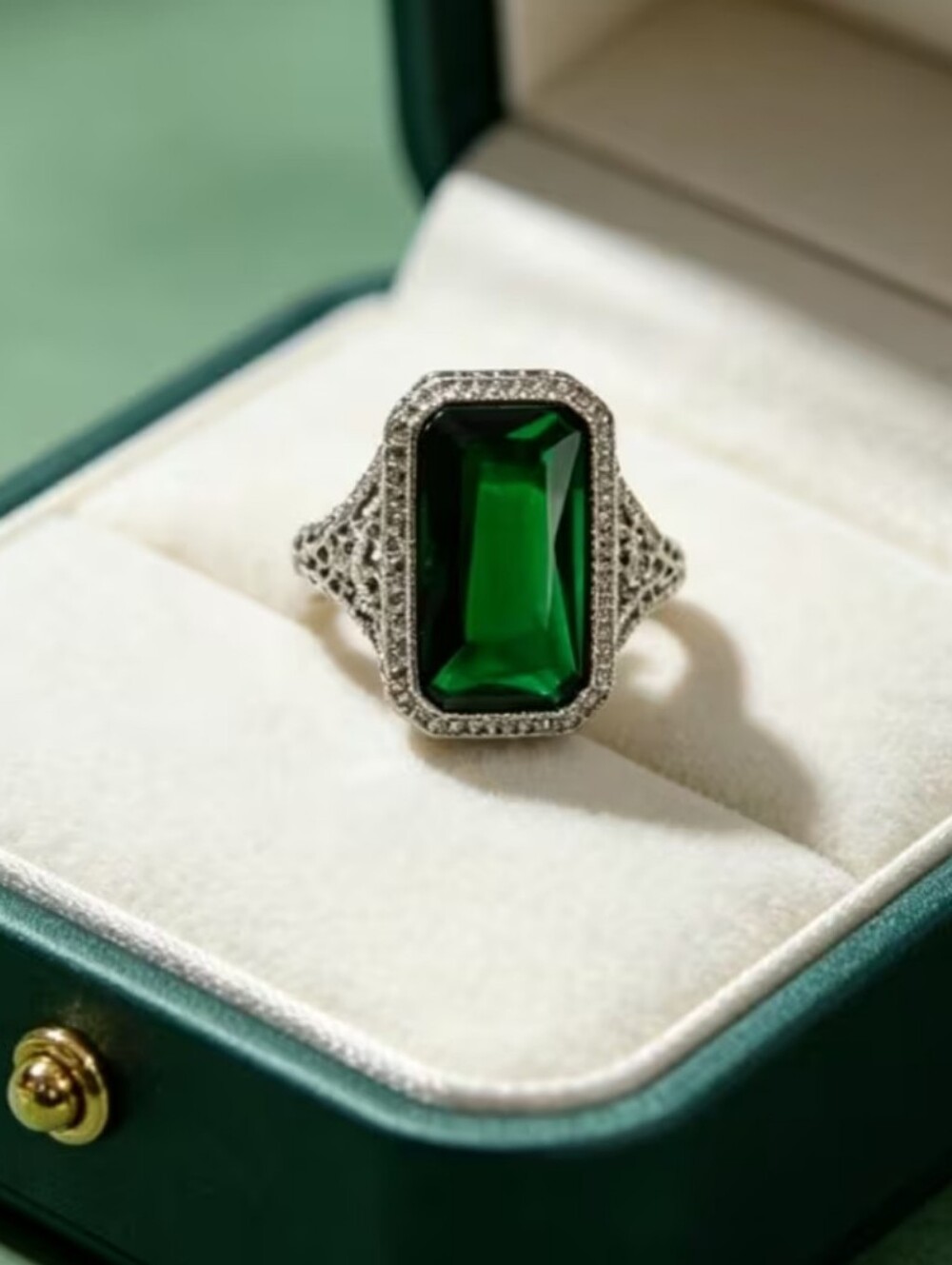 Lovely Vintage Style Emerald Green Silver Tone Ring